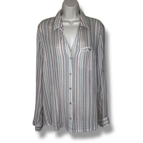 Kut From The Kloth Jasmine Stripe Gauze Shirt Roll Tab Long Sleeve Women XL FLAW - Picture 1 of 13